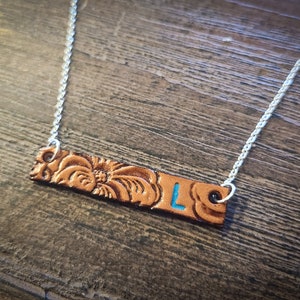 Initial Necklace Name Necklace Personalized Tooled Leather Bar Necklace Custom Western Logo Necklace Monogrammed Necklace Anniversary