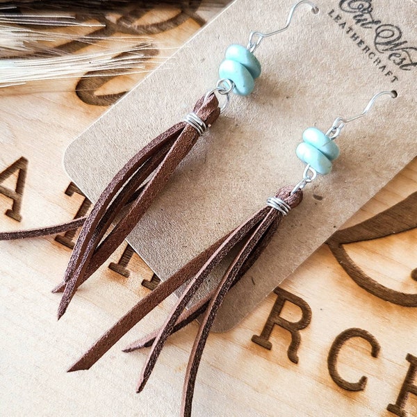 Western Jewelry Leather Fringe Earrings - Womens Western Earrings - Boho Fringe Earrings - Turquoise and Leather Earrings Western Jewelry