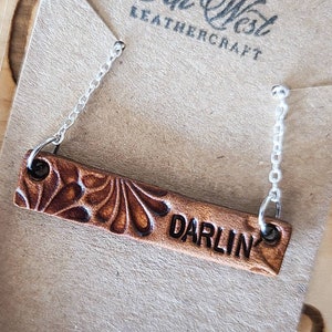 Darlin Necklace Tooled Leather Bar Necklace Custom Western Bar - Etsy