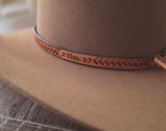 Braided Rope Hatband - Custom Tooled Leather Western Hat Band - Personalized with Bible Verse, Name, Brand, or Logo
