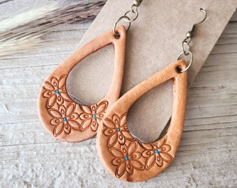 Hand Tooled Leather Hoop Earrings – Turquoise Daisy, Western Style
