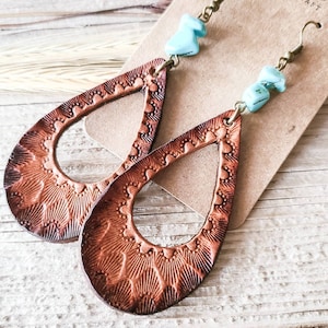 Western Jewelry Hand Tooled Leather and Turquoise Earrings - Leather Hoop Earrings - Turquoise Earrings - Western Earrings - Cowgirl Jewelry