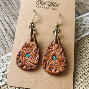 The Waco - Western Earrings - Tooled Leather Teardrop Earrings