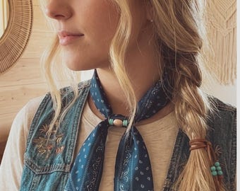 Scarf Slide - Twilly Slide - Turquoise and Copper Bead Scarf Slide - Wild Rag Kepper -  Bandana Keeper - Western Jewelry  - Western Gifts