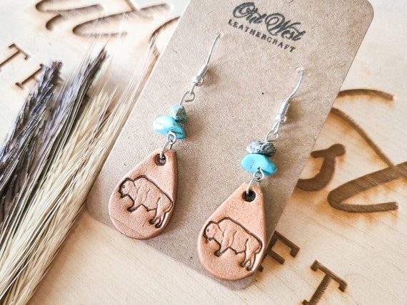 Buffalo Earrings Western Earrings Southwestern Tooled Leather