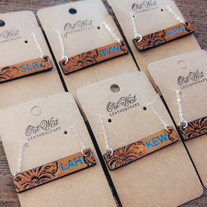 Personalized Tooled Leather Bar Necklace, Sterling Silver Chain, Western Jewelry