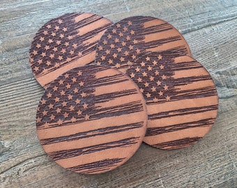 Leather Coaster Set of 4 American Flag Coasters Leather Gifts Western Gifts American Flag Coasters Groomsman Gifts Western Coasters