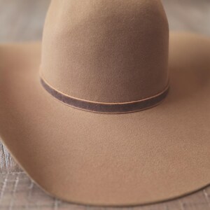 May include: A tan-colored cowboy hat with a wide brim and a rounded crown. The hat features a dark brown band around the base of the crown. The hat is made of a soft, felt-like material.