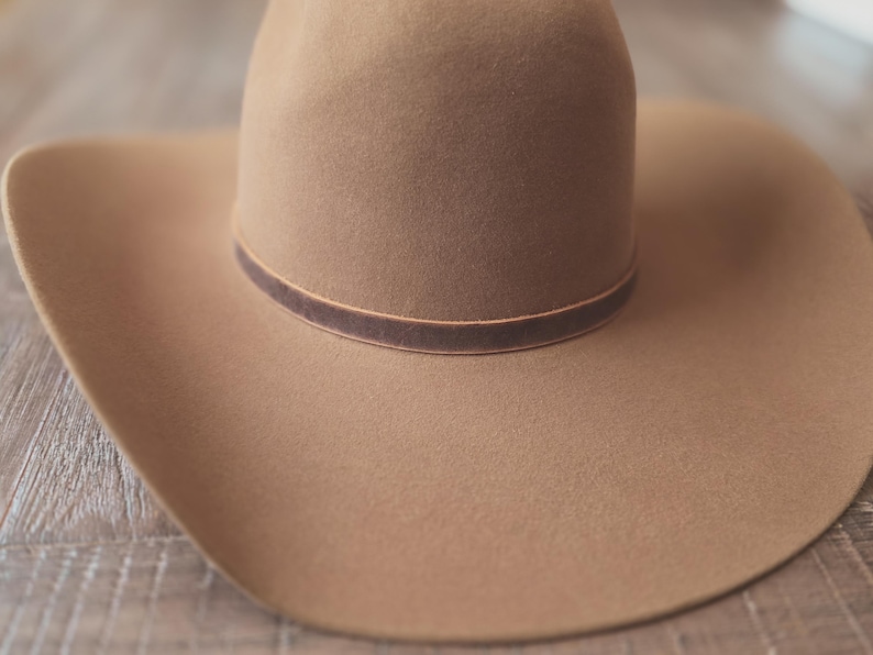 May include: A tan-colored cowboy hat with a wide brim and a rounded crown. The hat features a dark brown band around the base of the crown. The hat is made of a soft, felt-like material.