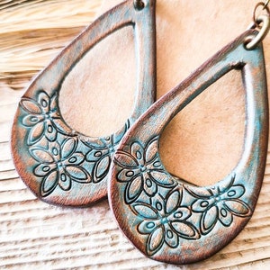 The Laguna - Hand Tooled Turquoise Leather Hoop Western Earrings - Rustic Earrings - Southwestern Jewelry - Boho Jewelry - Cowgirl Jewelry