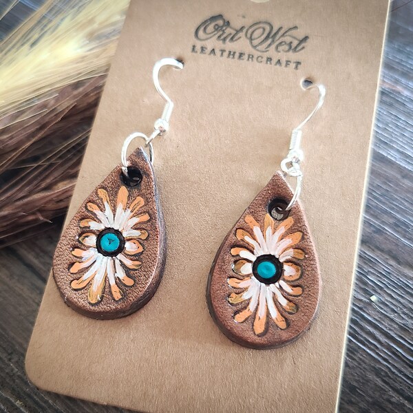 Western Leather Earrings Tooled Leather Floral Pattern Earrings Southwestern Jewelry Boho Jewelry Cowgirl Jewelry Rodeo Jewelry Western Gift