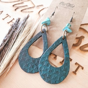 Turquoise Hand Tooled Leather Hoop Western Earrings - Rustic Earrings - Southwestern Jewelry - Boho Jewelry - Cowgirl Jewelry Western Earrin