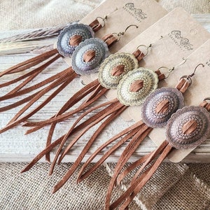 Western Earrings Leather Fringe Concho Earrings - Southwestern Jewelry - Boho Jewelry - Cowgirl Jewelry - Rodeo Jewelry