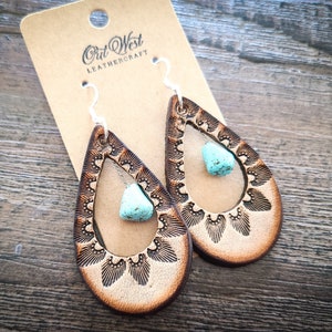 The Waylon - Hand Tooled Leather Hoop Teardrop Earrings - Turquoise Western Earrings