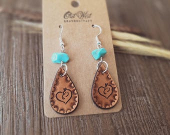 Tooled Leather Horse Earrings with Turquoise Stone, Western Jewelry