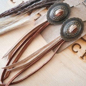 Boho Western Brown Leather Fringe Concho Earrings - Southwestern Jewelry - Boho Jewelry - Cowgirl Jewelry - Rodeo Jewelry