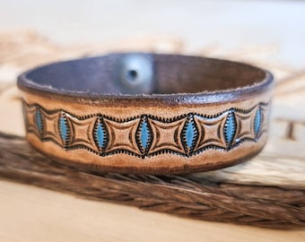 Hand Tooled Western Leather Bracelet with Turquoise and Western Design Cowgirl Bracelet Rodeo Bracelet Handmade Stamped Leather Bracelet