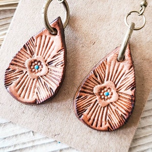 Southwestern Tooled Leather Earrings with Turquoise Accent - Southwestern Jewelry - Boho Jewelry - Cowgirl Jewelry
