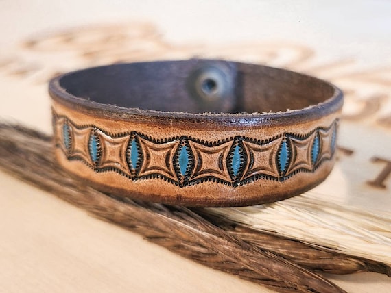 Hand Tooled Western Leather Bracelet With Turquoise and - Etsy