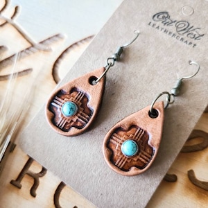 Southwestern Earrings Tooled Leather Teardrop Earrings Turquoise Jewelry Boho Western Earrings Southwestern Tooled Leather Earrings Cowgirl
