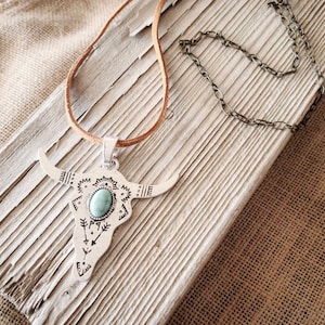 The Longhorn - Western Longhorn Bull Skull Necklace - Turquoise Steer Head Necklace - Rodeo Jewelry - Cowgirl Jewelry - Southwestern Jewelry