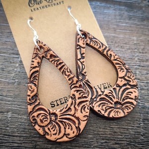 Leather Earrings Tooled Western Jewelry Leather Hoop Teardrop Earrings Turquoise Western Earrings Rodeo Jewelry Western Womens Gifts