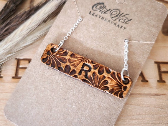 Personalized Tooled Leather Bar Necklace Custom Western Bar