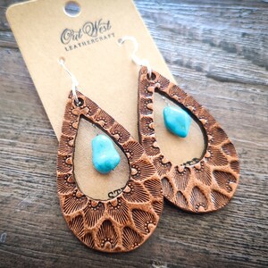 Turquoise Tooled Leather Hoop Earrings - Western Earrings - Rustic Leather Earrings - Southwestern Jewelry - Boho Jewelry - Rodeo Jewelry