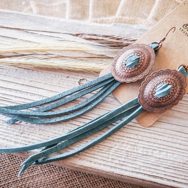 The Dallas - Western Turquoise Leather Fringe Concho Earrings - Southwestern Jewelry - Boho Jewelry - Cowgirl Jewelry - Rodeo Jewelry