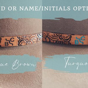 May include: Close-up of a brown hat with a decorative leather band. The band features floral patterns and the initials "BC". The text "BRAND OR NAME/INITIALS OPTIONS" is at the top. Below, the text "Antique Brown" and "Turquoise" are displayed.