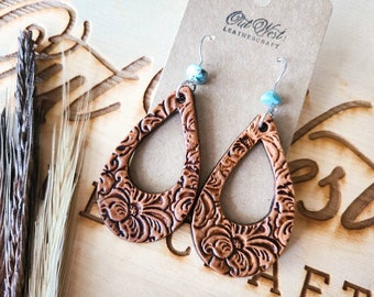 Hand Tooled Leather Hoop Earrings, Turquoise Stone Western Jewelry