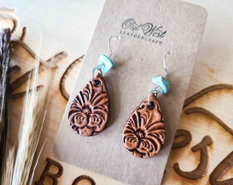 Tooled Leather Teardrop Earrings, Turquoise Stone, Western Jewelry
