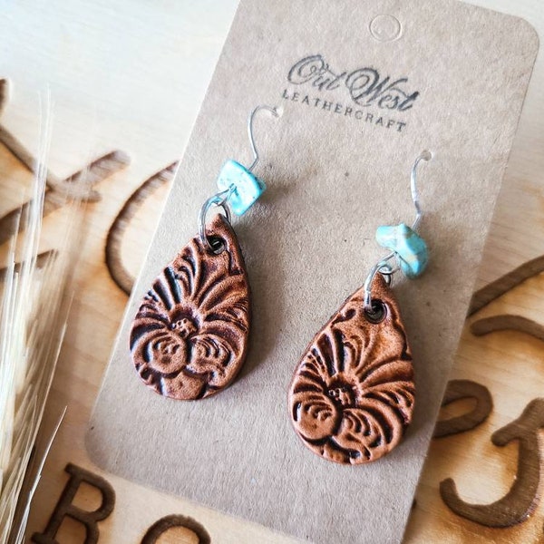 Leather Earrings Western Earrings Tooled Leather Teardrop Earrings Turquoise Jewelry Boho Western Earrings Southwestern Tooled Leather