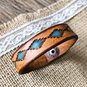 Hand Tooled Leather Bracelet with Turquoise and Western Design