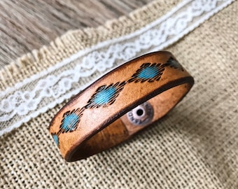 Western Bracelet - Hand Tooled Leather Bracelet - Turquoise Western Bracelet- Leather Bracelet - Western Jewelry- Leather Jewelry - Gifts