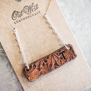 Personalized Tooled Leather Bar Necklace Custom Western Bar Necklace Cattle Horse Brand Necklace Initial Name Necklace Monogrammed Necklace