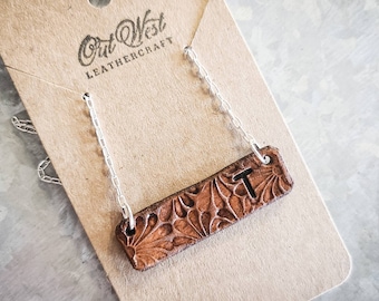 Personalized Tooled Leather Bar Necklace Custom Western Bar Necklace Cattle Horse Brand Necklace Initial Name Necklace Monogrammed Necklace