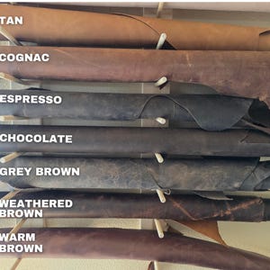 May include: A selection of leather hides in various shades of brown, including tan, cognac, espresso, chocolate, grey brown, weathered brown, and warm brown. Each hide is labeled with its color name.