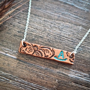 Personalized Tooled Leather Bar Necklace Custom Western Bar Necklace Cattle Horse Brand Necklace Initial Necklace Sterling Silver Necklace