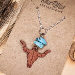 Western Leather Longhorn Necklace Western Bull Skull Necklace Turquoise Steer Head Necklace Rodeo Jewelry Cowgirl Southwestern Boho Jewelry