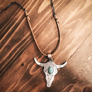 The Longhorn - Western Longhorn Bull Skull Necklace - Turquoise Steer Head Necklace - Rodeo Jewelry - Cowgirl Jewelry - Southwestern Jewelry