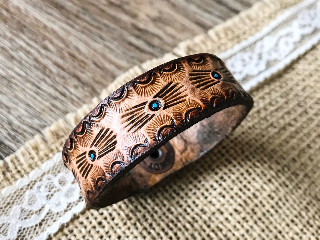 Western Bracelet - Hand Tooled Leather Bracelet - Turquoise Western