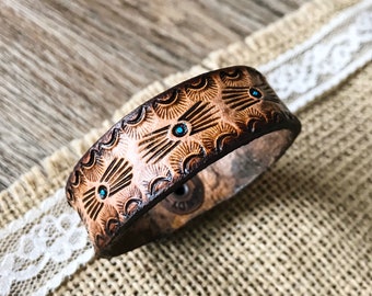 Western Bracelet - Hand Tooled Leather Bracelet - Turquoise Western Bracelet- Leather Bracelet - Western Jewelry- Leather Jewelry - Gifts