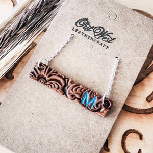 Personalized Tooled Leather Bar Necklace, Sterling Silver Chain