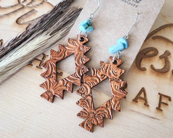 Western Earrings Tooled Leather Earrings Women's Western Jewelry Turquoise Leather Earrings Southwestern Jewelry Aztec Earrings Cowgirl