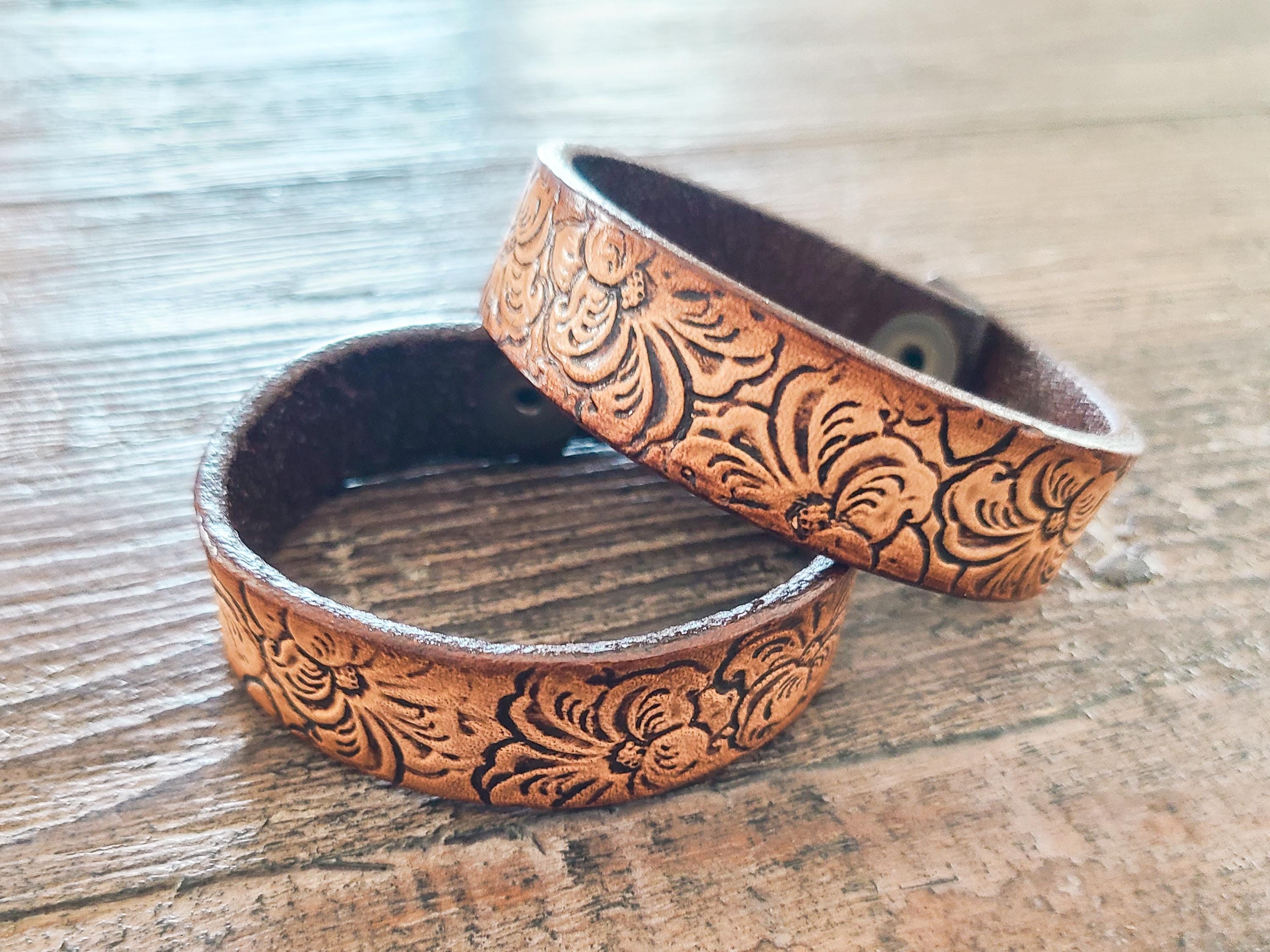 Hand Tooled Leather Western Bracelet: Turquoise Stone, Snap Closure