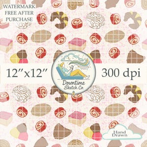 May include: A digital pattern featuring various hand-drawn pastries, including croissants, rolls, and cakes, in shades of brown, pink, and yellow. The design includes the text "12"x12"" and "300 dpi". The Downtime Sketch Co. logo is also present.