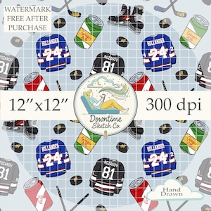 May include: A hand-drawn digital pattern featuring hockey jerseys, hockey sticks, ice skates, soda cans, and hockey pucks. The design includes the text "HOLLANDER 24" and "ROZANOV 81". The pattern is 12" x 12" and 300 dpi.