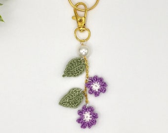 Handmade Gold Keychain: Crochet Purple Flower & Pearl Bag Charm