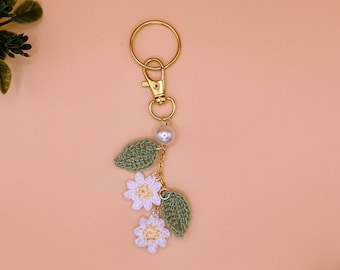 Gold Crochet Daisies and Pearl Bag Charm